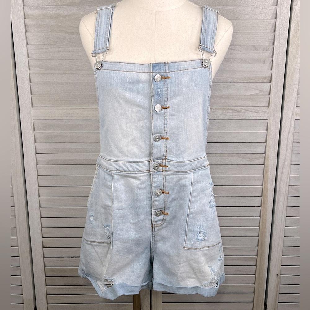 NO BOUNDARIES- Jean Shortie Overalls/Romper Light Wash-XL (jrs)